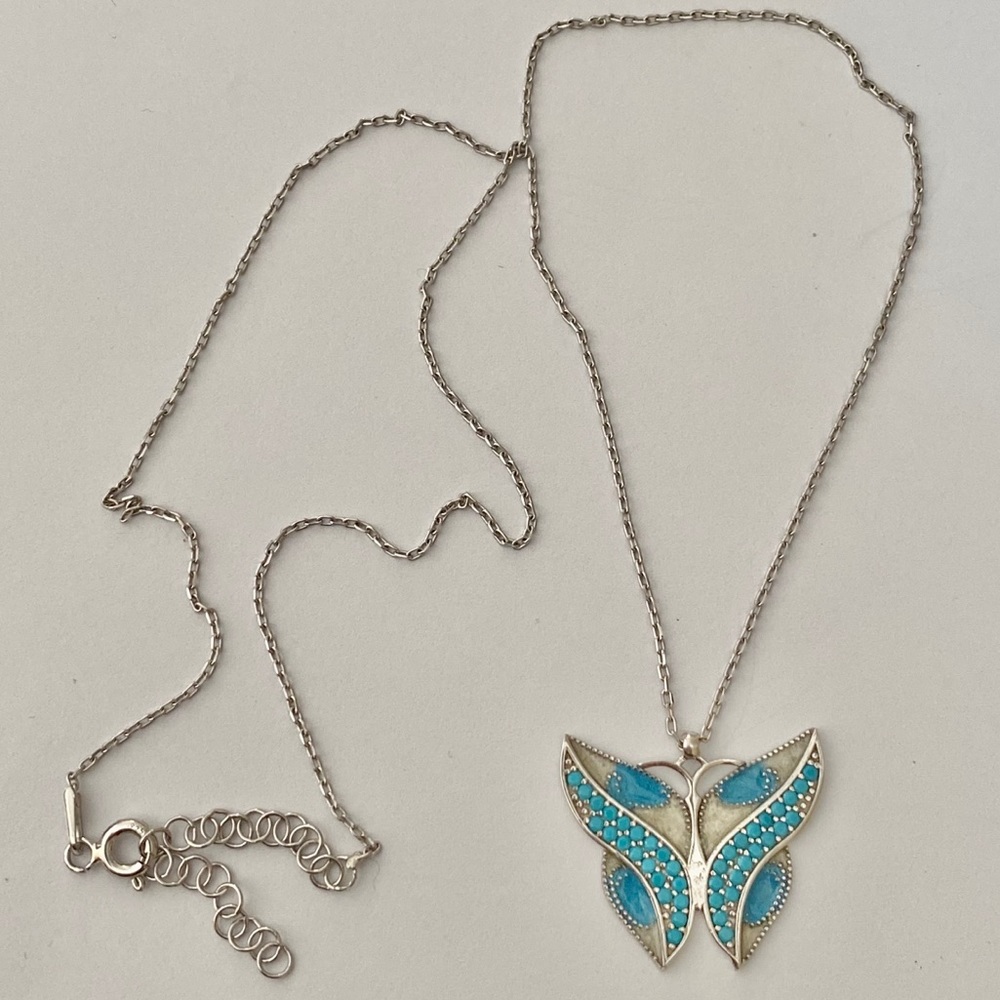 🦋 925 Silver butterfly necklace enamel turquoise - Picture 3 of 4